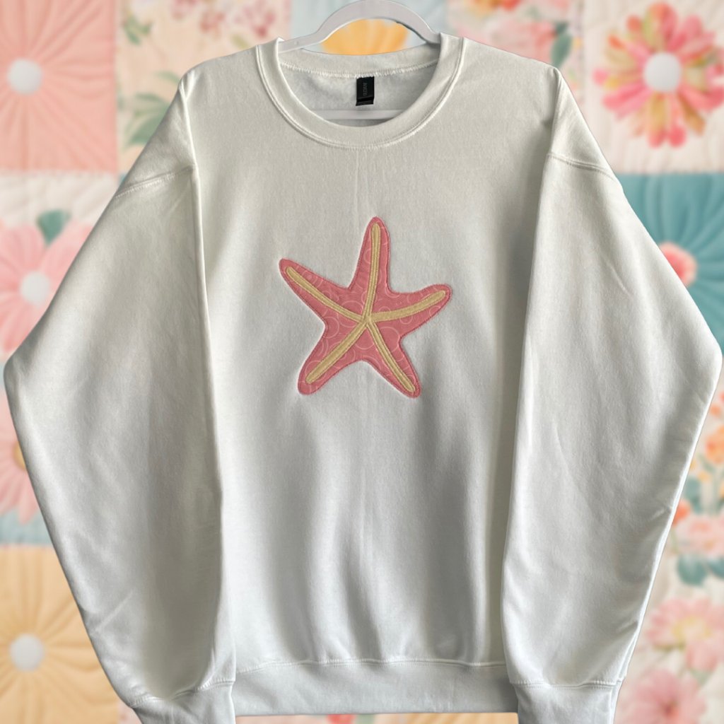 Patchwork Star Fish Large White Embroidered Crewneck Sweatshirt